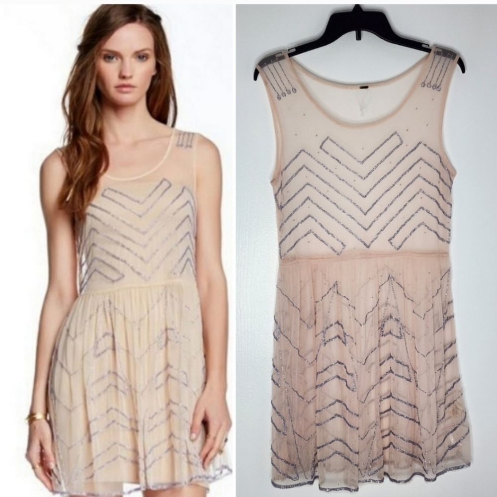 Free people embellished Mesh Mini Slip in Soft Peach new without tags